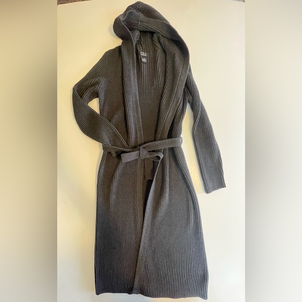 Ribbed Knit Hooded Long Cardigan Open Front Belted M Charcoal